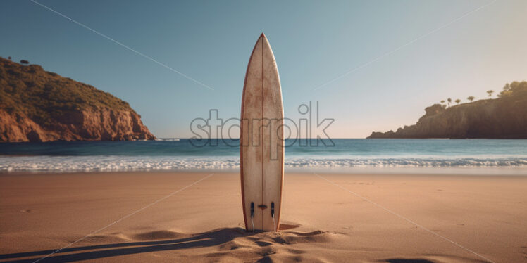 A surfboard embedded in the sand - Starpik Stock