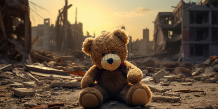 A teddy bear in a destroyed city - Starpik Stock