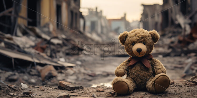 A teddy bear in a destroyed city - Starpik Stock