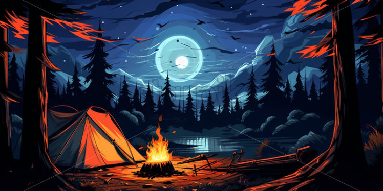 A tent and a fire in the forest, vector illustration - Starpik Stock