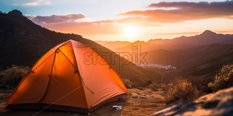 A tent on a hilltop in the background an extraordinary view - Starpik Stock