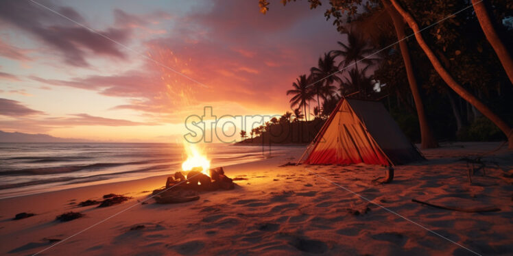 A tent on the beach and a fire - Starpik Stock