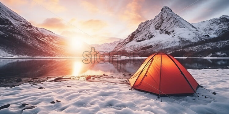 A tent on the shore of a frozen glacial lake - Starpik Stock