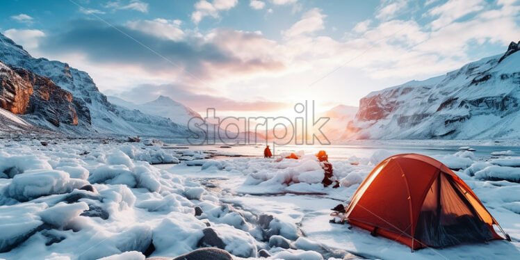 A tent on the shore of a frozen glacial lake - Starpik Stock