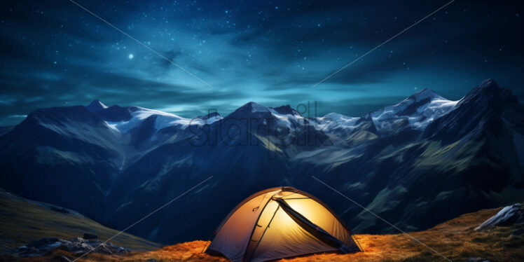 A tent on top of a mountain at night - Starpik Stock