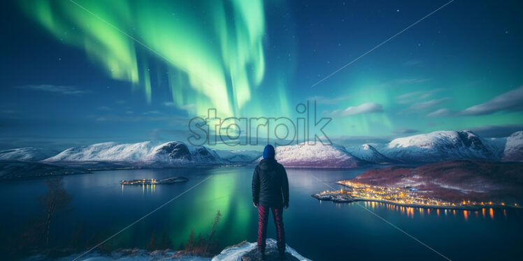 A tourist standing on the shore of a fjord admiring the northern lights - Starpik Stock