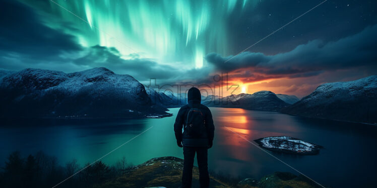 A tourist standing on the shore of a fjord admiring the northern lights - Starpik Stock