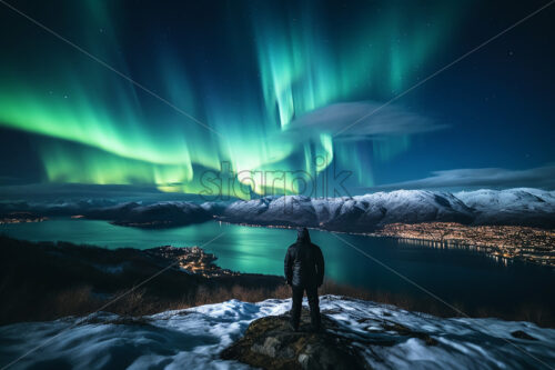 A tourist standing on the shore of a fjord admiring the northern lights - Starpik Stock