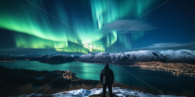 A tourist standing on the shore of a fjord admiring the northern lights - Starpik Stock