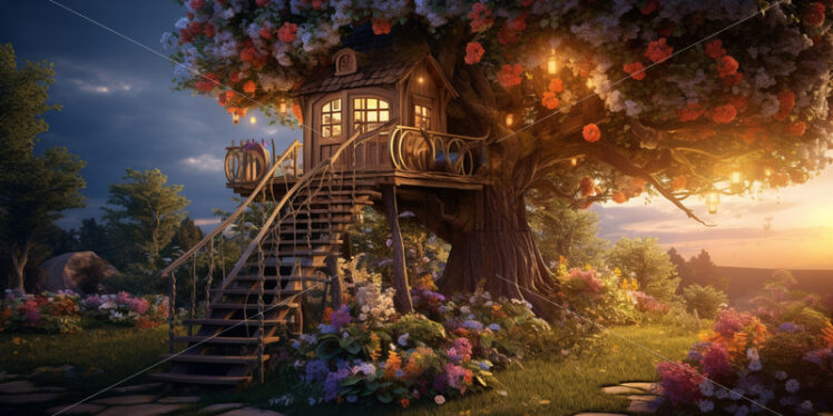 A tree house with many flowers - Starpik Stock