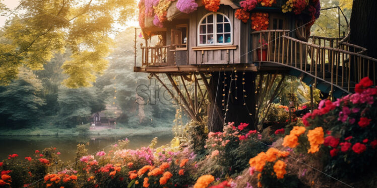 A tree house with many flowers - Starpik Stock