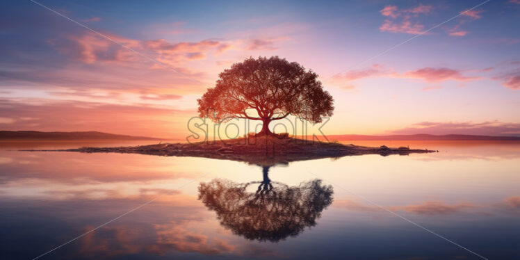 A tree in the middle of a lake at sunset - Starpik Stock