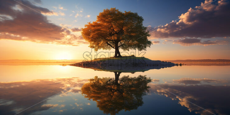 A tree in the middle of a lake at sunset - Starpik Stock