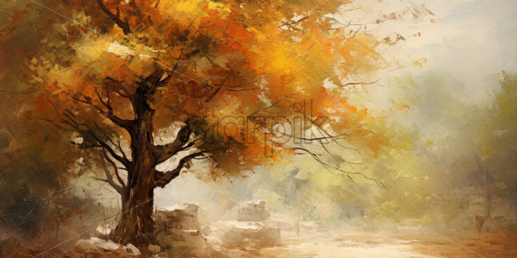 A tree on the background of a forest in impressionist style - Starpik Stock