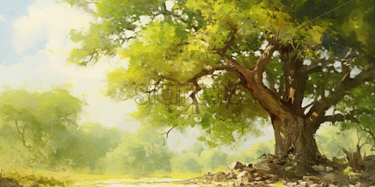 A tree on the background of a forest in impressionist style - Starpik Stock