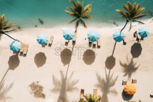 A tropical beach, with sand, umbrellas, palm trees - Starpik Stock