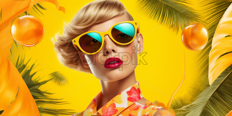 A tropical collage with a woman on a yellow background - Starpik Stock