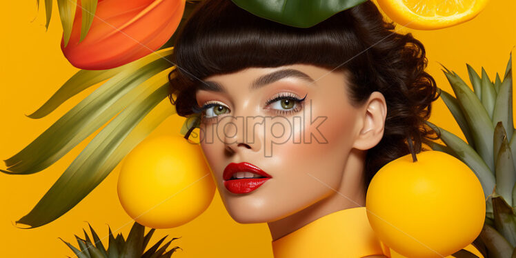 A tropical collage with a woman on a yellow background - Starpik Stock