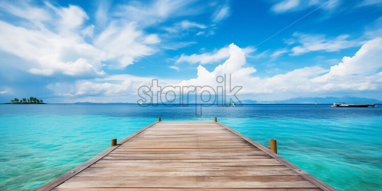 A tropical landscape, with a wood deck on the seashore - Starpik Stock