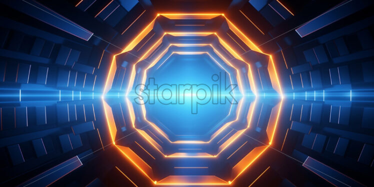 A tunnel in the shape of an octagon with blue and orange lights - Starpik Stock