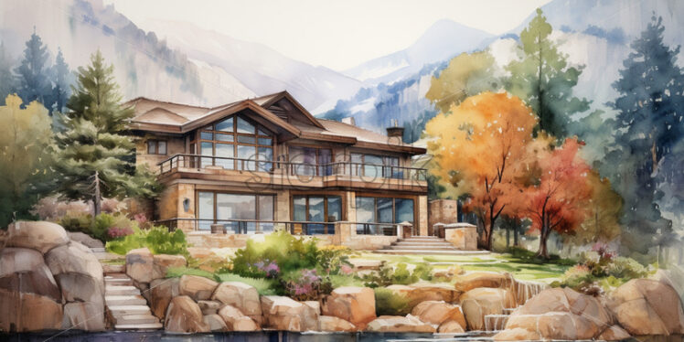 A villa in the mountains, painted in watercolor - Starpik Stock