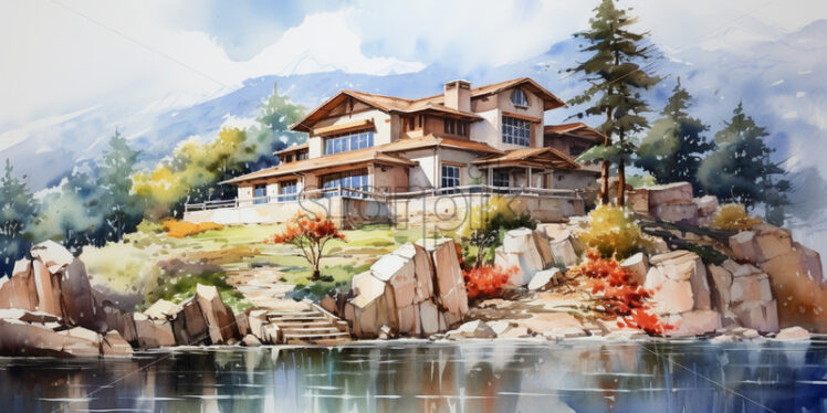 A villa in the mountains, painted in watercolor - Starpik Stock