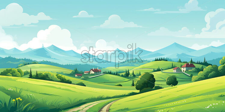 A village landscape with trees, houses, digital graphic - Starpik Stock