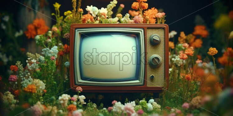 A vintage TV surrounded by flowers - Starpik Stock