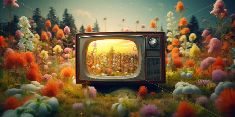 A vintage TV surrounded by flowers - Starpik Stock