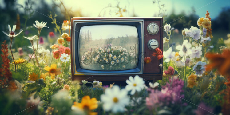 A vintage TV surrounded by flowers - Starpik Stock