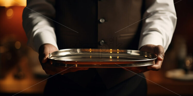 A waiter holds an empty tray in his hand - Starpik Stock