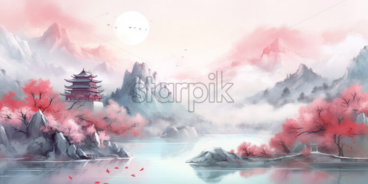 A watercolor illustration in Asian style, with mountains, pagodas, trees - Starpik Stock