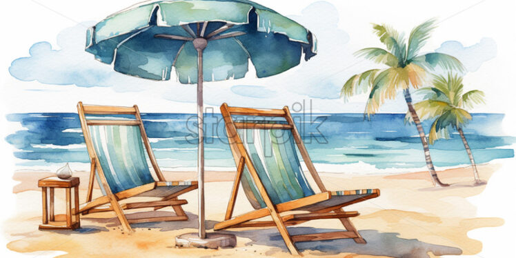 A watercolor illustration in clipart style with a beach - Starpik Stock