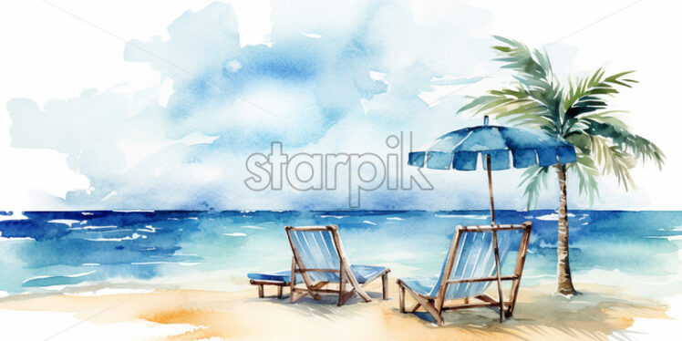 A watercolor illustration in clipart style with a beach - Starpik Stock