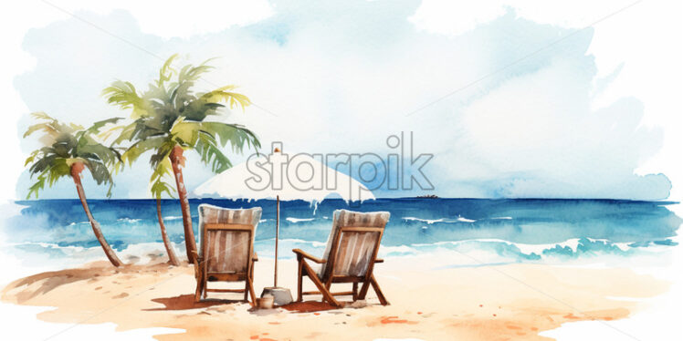 A watercolor illustration in clipart style with a beach - Starpik Stock