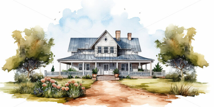 A watercolor illustration in clipart style with a house - Starpik Stock