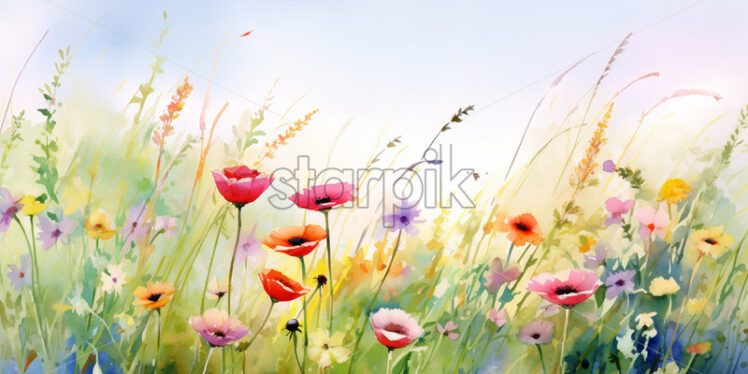 A watercolor painting of some flowers on a summer field - Starpik Stock