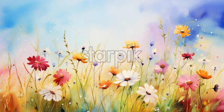 A watercolor painting of some flowers on a summer field - Starpik Stock