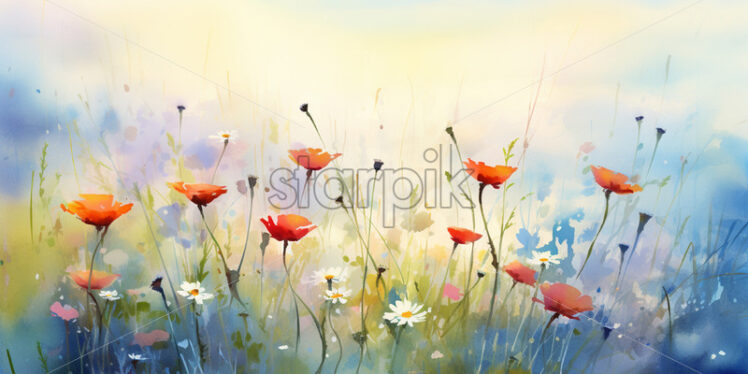 A watercolor painting of some flowers on a summer field - Starpik Stock