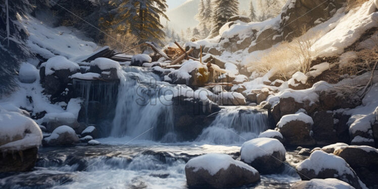 A waterfall in the mountains in winter - Starpik Stock