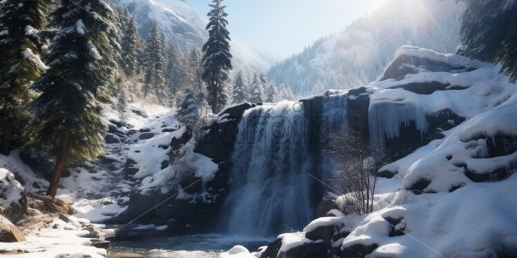 A waterfall in the mountains in winter - Starpik Stock