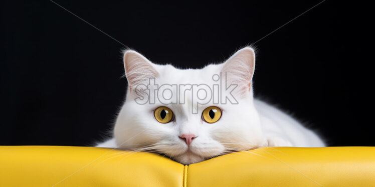 A white cat on an yellow armchair  - Starpik Stock