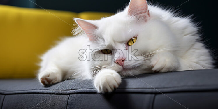 A white cat on an yellow armchair - Starpik Stock