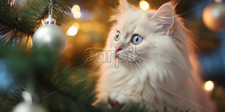 A white kitten in a Christmas tree festive lights card background - Starpik Stock