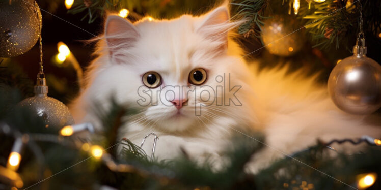 A white kitten in a Christmas tree festive lights card background - Starpik Stock