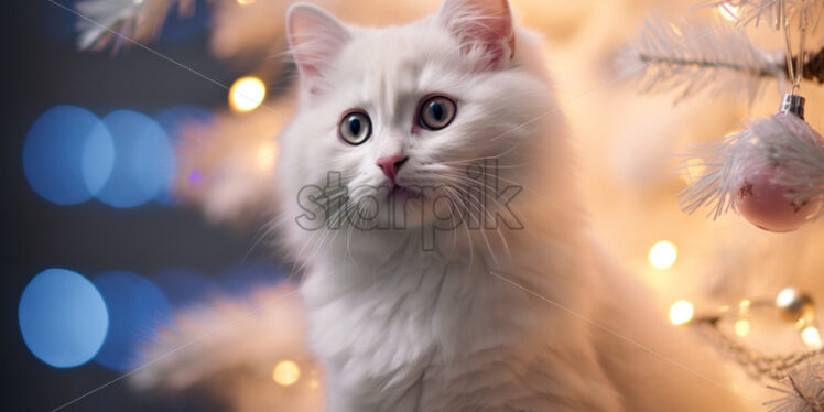 A white kitten in a Christmas tree festive lights card background - Starpik Stock