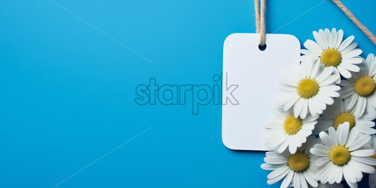 A white label with some daisies on a blue background - Starpik Stock