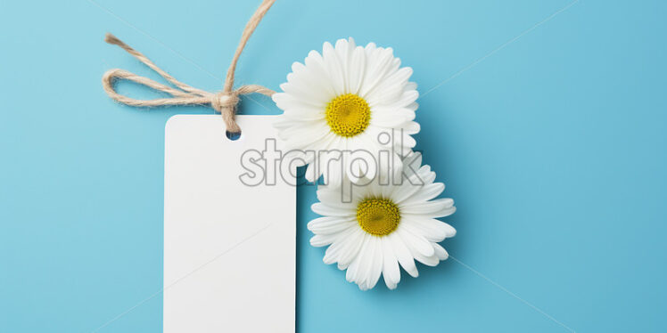 A white label with some daisies on a blue background - Starpik Stock