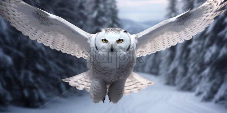 A white owl flies through a snowy forest - Starpik Stock