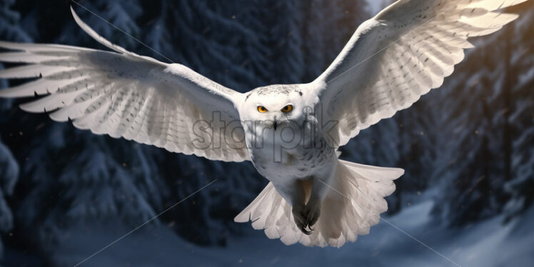 A white owl flies through a snowy forest - Starpik Stock